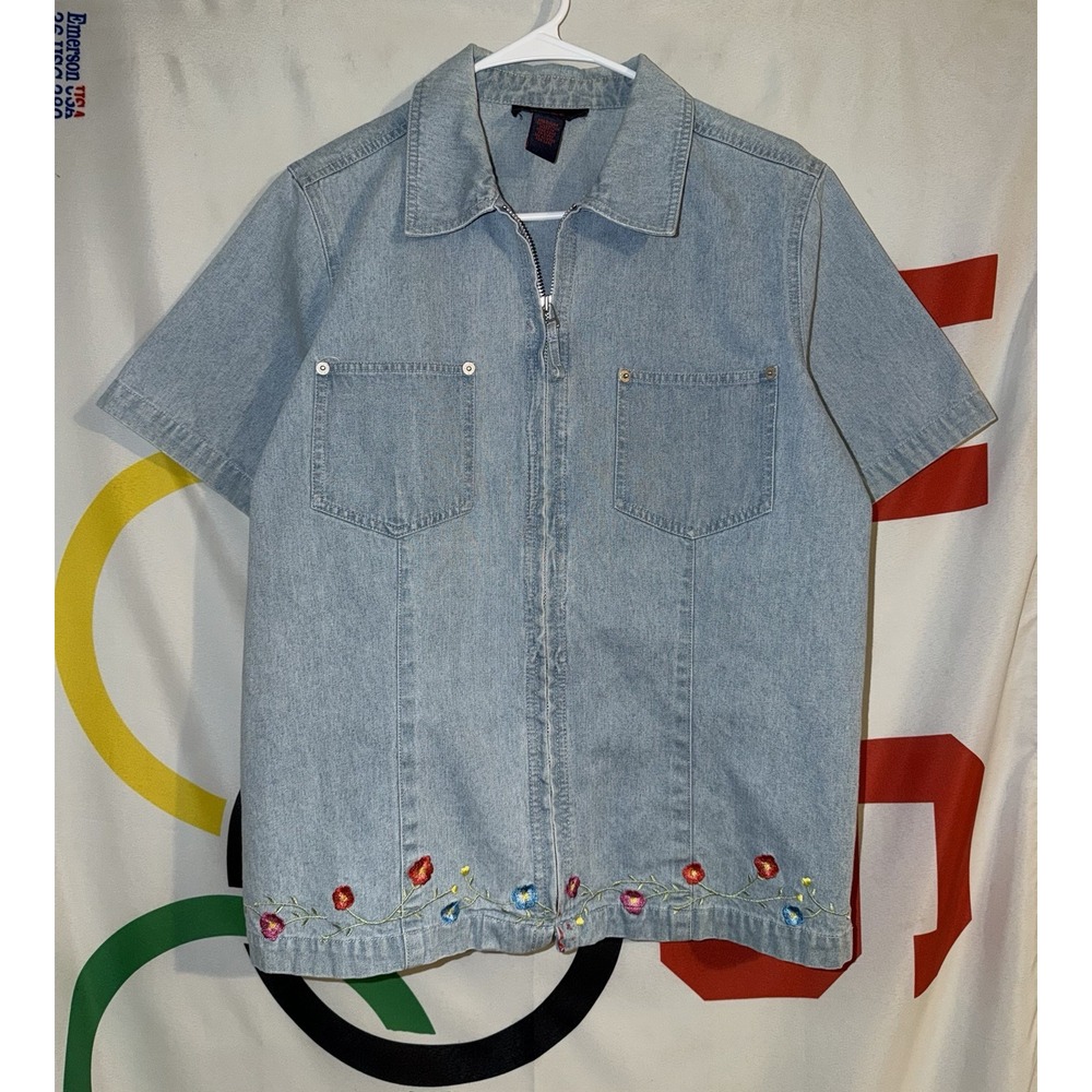 Denim & Co Full Zip Shirt Top Womens Medium Floral Light Wash Vintage 90s